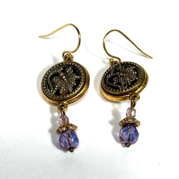 Earrings Dangles Drops Gold Tone Purple Crystals Buttons - Picture 1 of 11